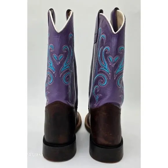 Old West Western Boots Purple Brown Leather Square Toe Cowboy Cowgirl Girls 3.5D - Picture 4 of 9